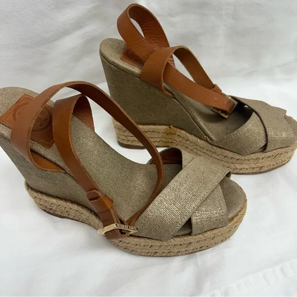 Tory Burch gold canvas wedge espadrilles with camel colored leather ankle strap - Picture 6 of 9